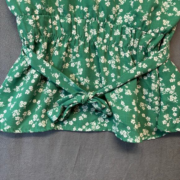 Sweet Rain Green Floral Button Blouse Romantic Peplum Waist Tie Cottagecore - Picture 10 of 12